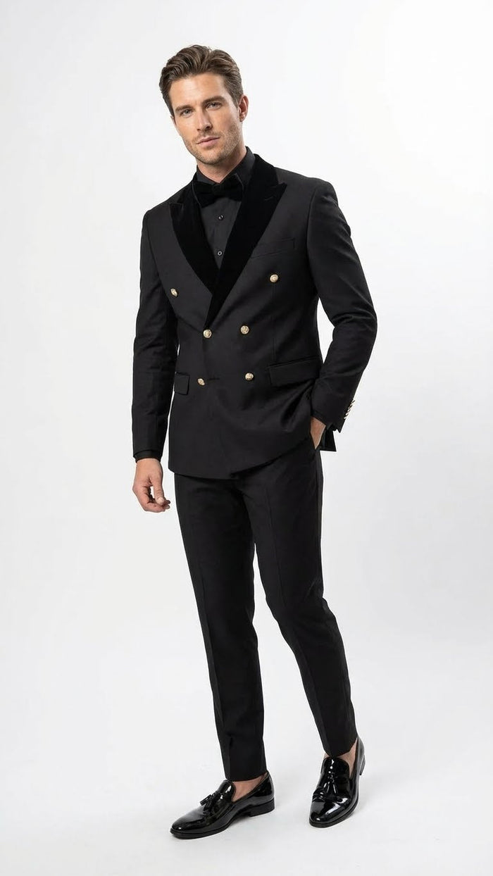 Men's Black Double Breasted Tuxedo Suit - Luxury Formal Dinner Jacket Gold Buttons Velvet Lapel