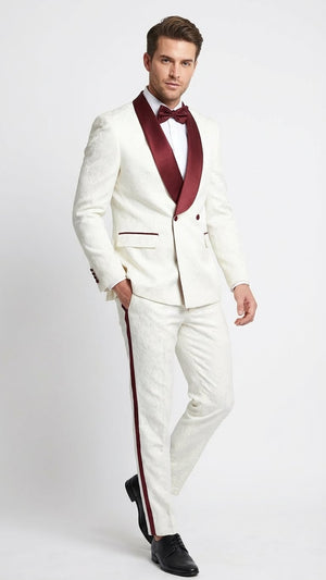 Mens Ivory and Burgundy Jacquard Tuxedo Suit  Luxury Slim Fit 3-Piece Formal Wedding, Prom, and Gala Outfit in Cream Off White Color