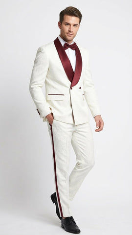 Men’s Ivory and Burgundy Jacquard Tuxedo Suit – Luxury Slim Fit 3-Piece Formal Wedding, Prom, and Gala Outfit in Cream Off White Color