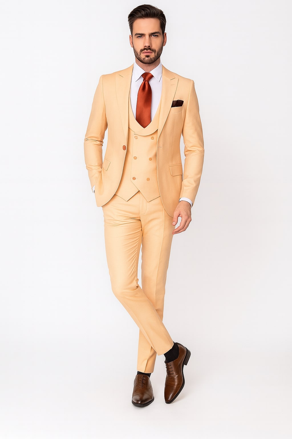 Mens Peach 3-Piece Suit  Double-Breasted Vest, Notch Lapel Blazer, Slim Fit Dress Pants