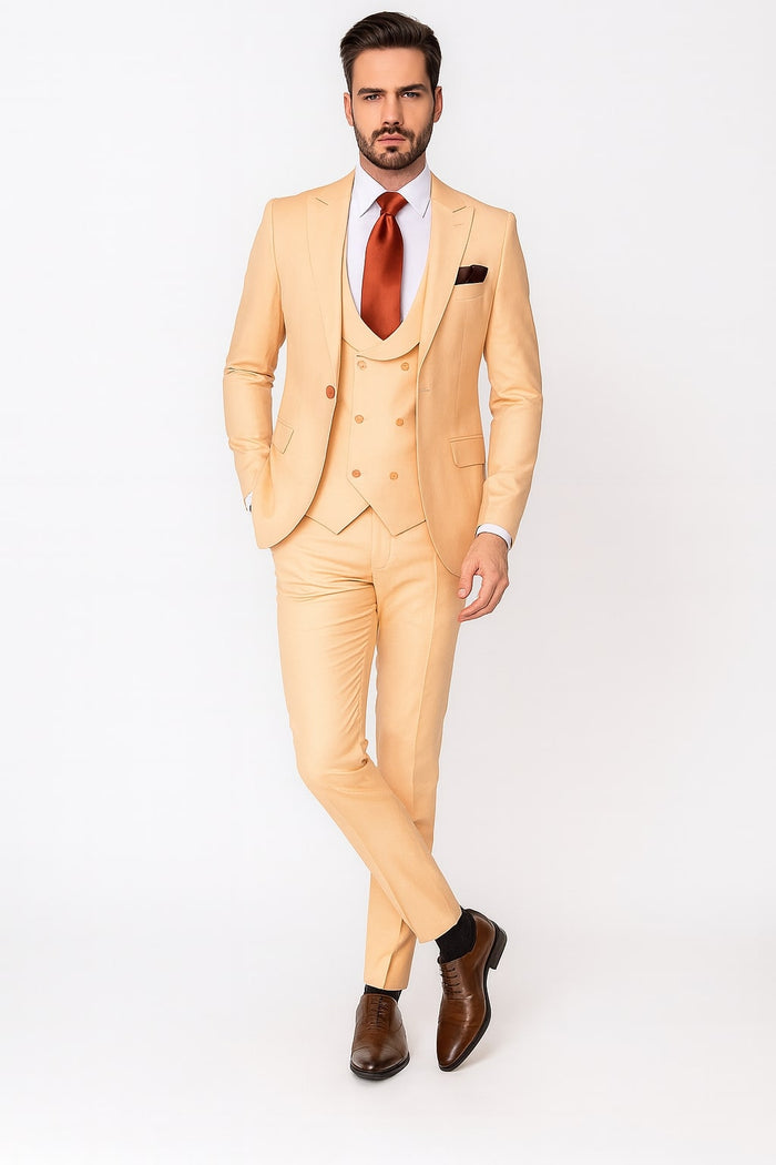 Mens Peach 3-Piece Suit  Double-Breasted Vest, Notch Lapel Blazer, Slim Fit Dress Pants