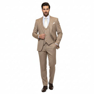 Men's Beige Pinstripe Three-Piece Vested Suit  Tailored Fit  Business Attire in Tan Stripe by Rossiman