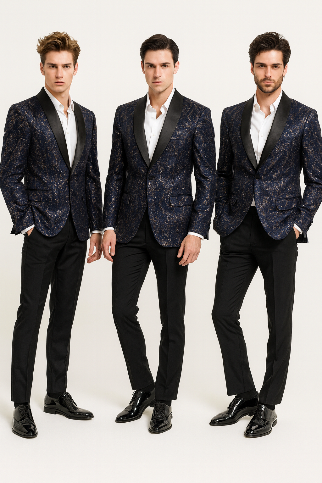 Mens Navy Blue Sequin Tuxedo Jacket with Black Satin Shawl Lapel  Luxury Prom and Wedding Blazer