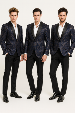 Mens Navy Blue Sequin Tuxedo Jacket with Black Satin Shawl Lapel  Luxury Prom and Wedding Blazer