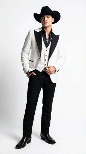 Men’s White Cowboy Tuxedo with Black Satin Lapel – Western Formal Suit with Matching Vest