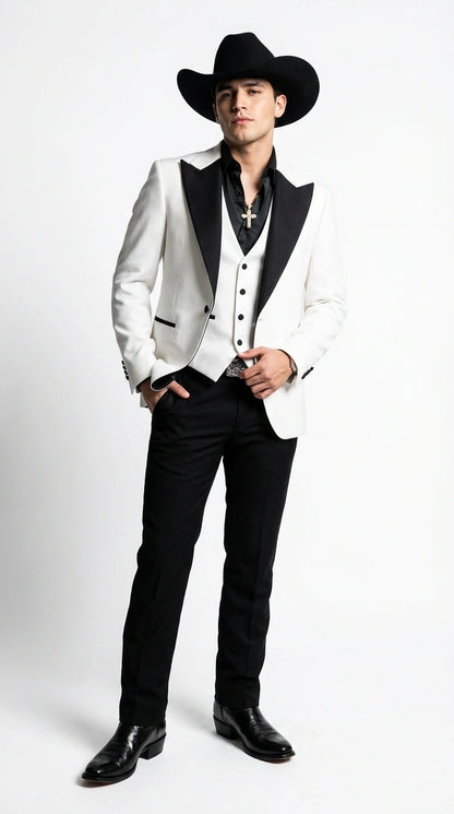 Men’s White Cowboy Tuxedo with Black Satin Lapel – Western Formal Suit with Matching Vest
