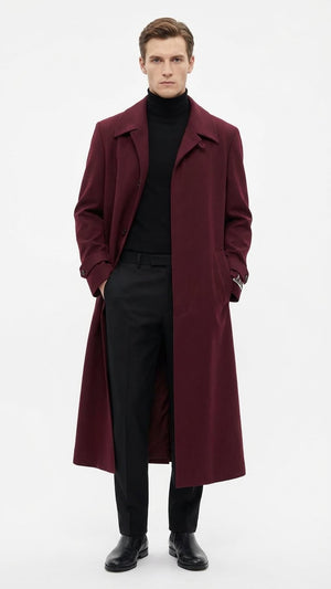 Mens Full-Length Burgundy Overcoat  Microfiber 4 season fabric  Long Formal Coat with Classic Tailored Maxi Duster Coat