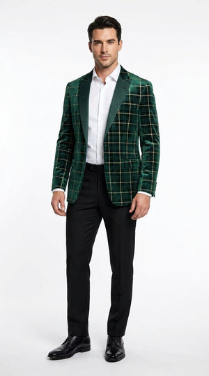 Men’s Green and Gold Plaid Christmas Holiday Blazer – Classic Check Party Jacket for New Year, Wedding and Festive New Year event