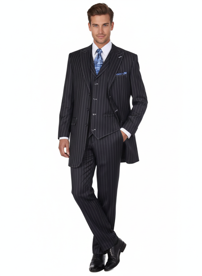 Mens Three Button Suits -  Navy Blue Pinstripe Three-Piece Suit  Classic Business and Formal Wear with Tailored Fit