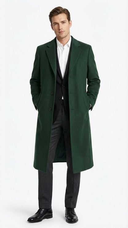 Mens Hunter Green Full-Length Wool Overcoat  Classic Winter Dress Coat for Formal and Casual Wear Topcoat Mens Wintercoat