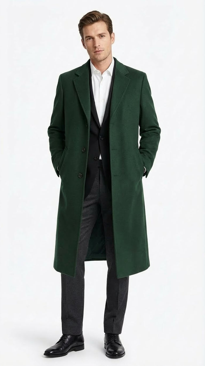 Mens Hunter Green Full-Length Wool Overcoat  Classic Winter Dress Coat for Formal and Casual Wear Topcoat Mens Wintercoat