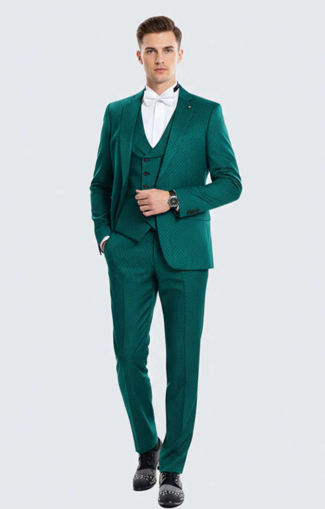 Mens Emerald Green Textured 3-Piece Suit  Polk Dot Pattern Formal Wedding, Prom, and Evening Wear Outfit