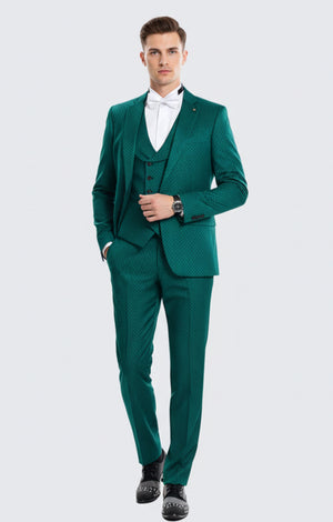 Mens Emerald Green Textured 3-Piece Suit  Polk Dot Pattern Formal Wedding, Prom, and Evening Wear Outfit