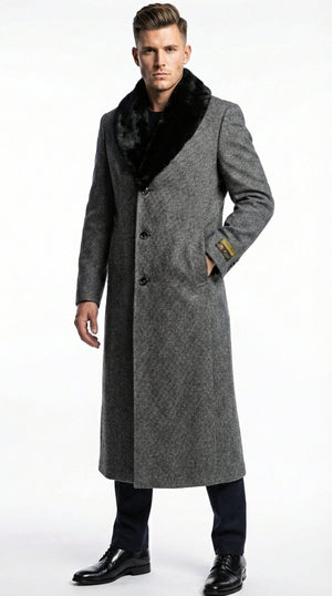 Men's Grey Herringbone Tweed Long Overcoat with Black Faux Fur Collar, Classic Winter Topcoat