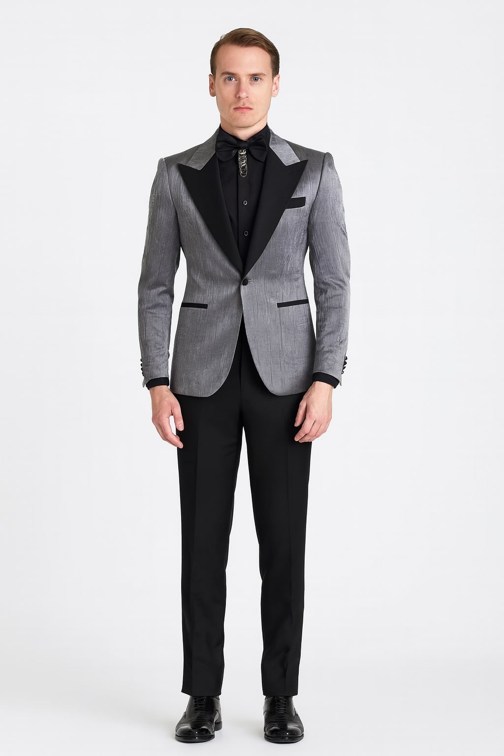 Silver Metallic Tuxedo Suit with Black Satin Peak Lapel  Mens Slim Fit Formal Wedding and Prom Attire in Charcoal Grey With Pants