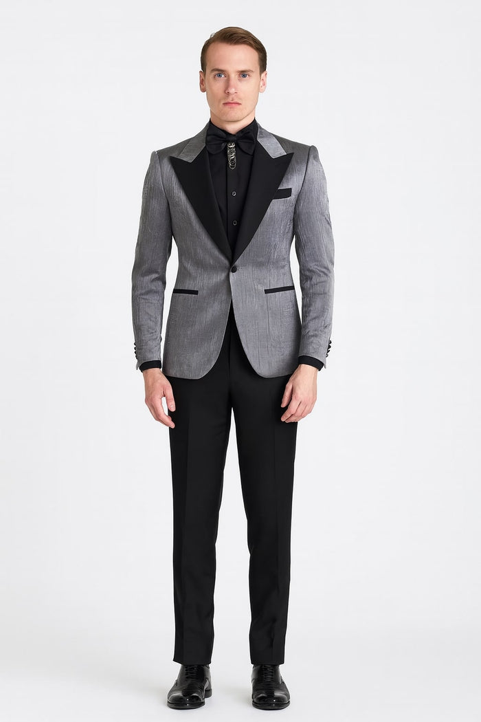Silver Metallic Tuxedo Suit with Black Satin Peak Lapel  Mens Slim Fit Formal Wedding and Prom Attire in Charcoal Grey With Pants