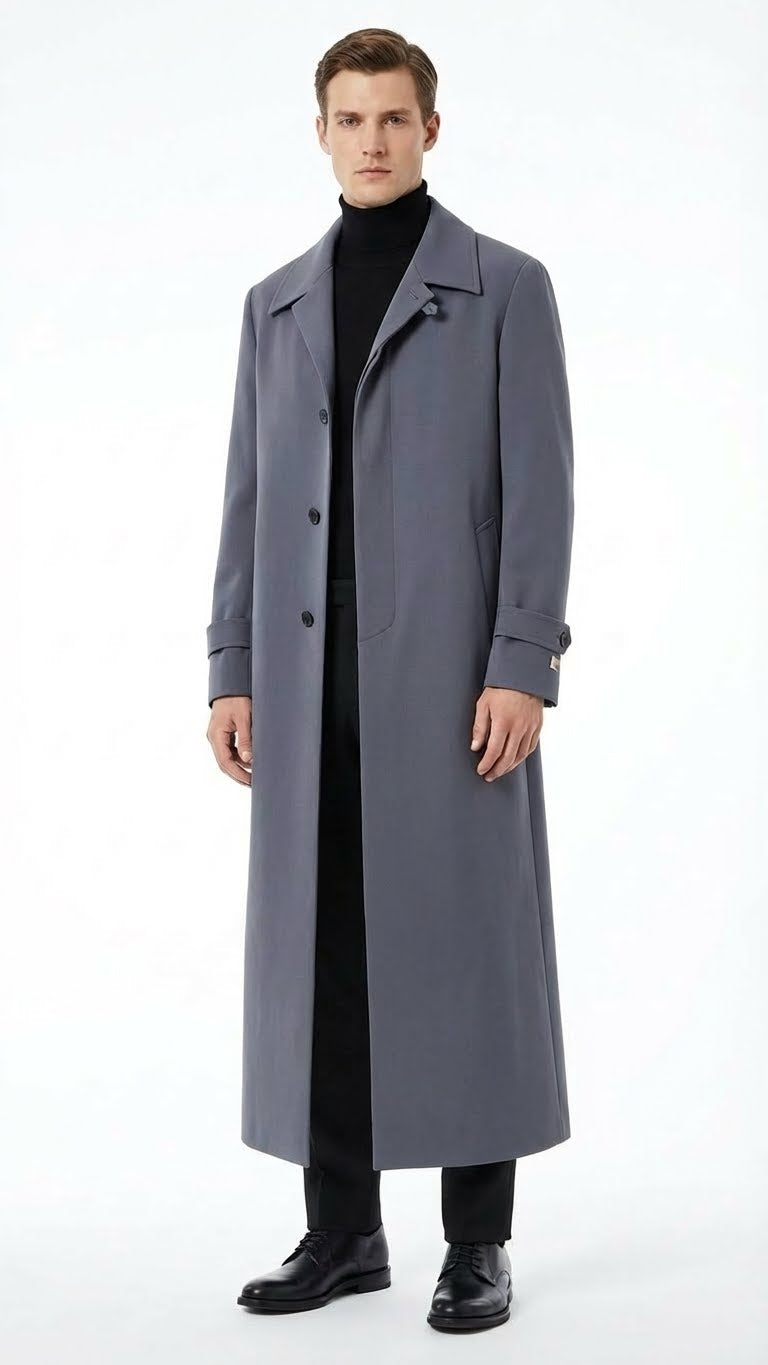 Mens Full-Length Charcoal Grey Overcoat  Premium Microfiber Blend Long Dress Coat for Winter and Formal Wear in Gray Color