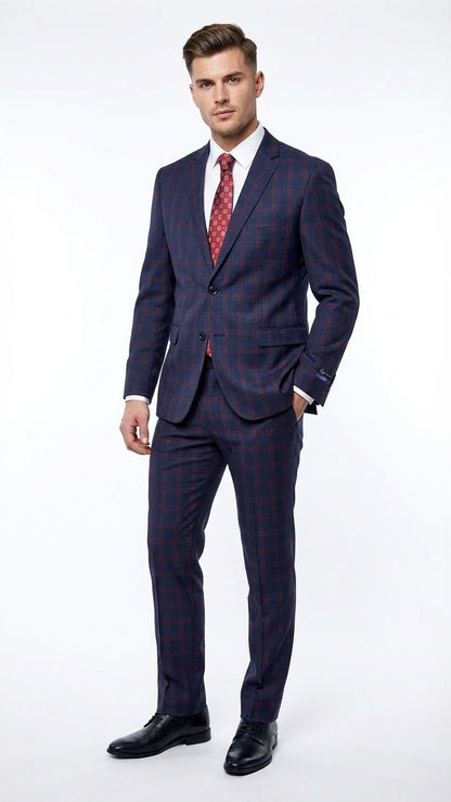 Mens Navy Blue and Burgundy Checkered Two-Piece Suit Plaid Windowpane  Flat Front Pants or Pleated Wide Leg Pants - 100% Wool
