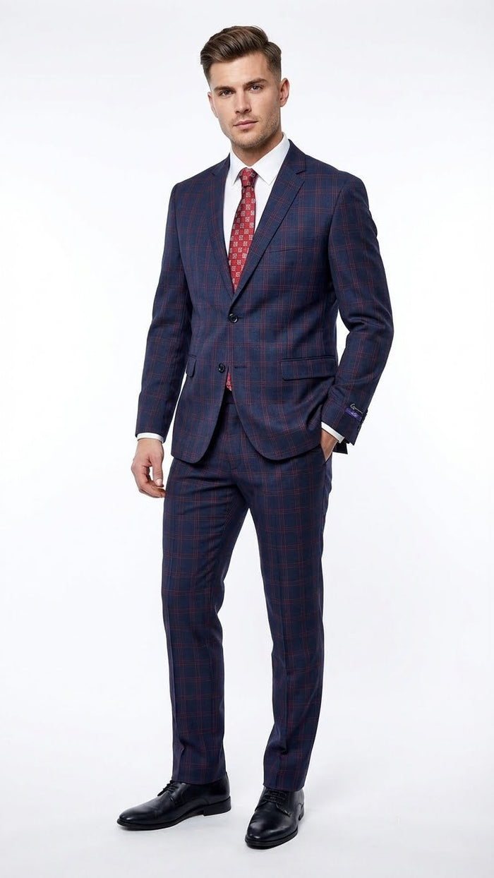 Mens Navy Blue and Burgundy Checkered Two-Piece Suit Plaid Windowpane  Flat Front Pants or Pleated Wide Leg Pants - 100% Wool