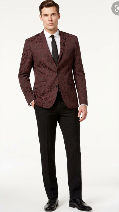 Mens Burgundy Paisley Blazer Sport Coat  Velvet Dinner Jacket floral in Maroon Wine Color Ultra Slim Fit Smoking Jacket