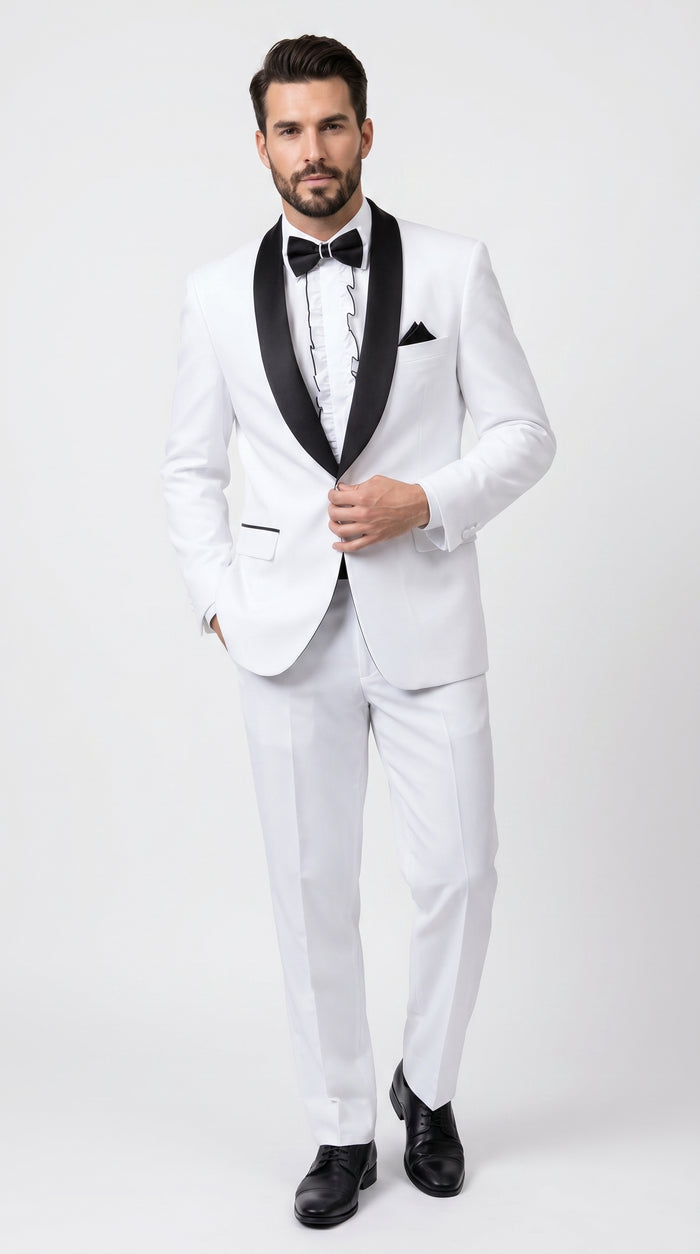 Men’s White and Black Classic Microfiber Shawl Tuxedo with Jacket and Pants, Formal Wedding Suit