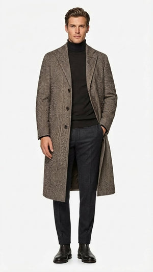 Mens Black & Grey  Herringbone Tweed Wool Blend Overcoat  Classic Single-Breasted Winter Blazer Carcoat