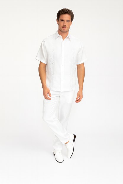 Mens Linen White Embroidered Guayabera Two-Piece Set  Short Sleeve Shirt and Pants - Summer Walking Suit