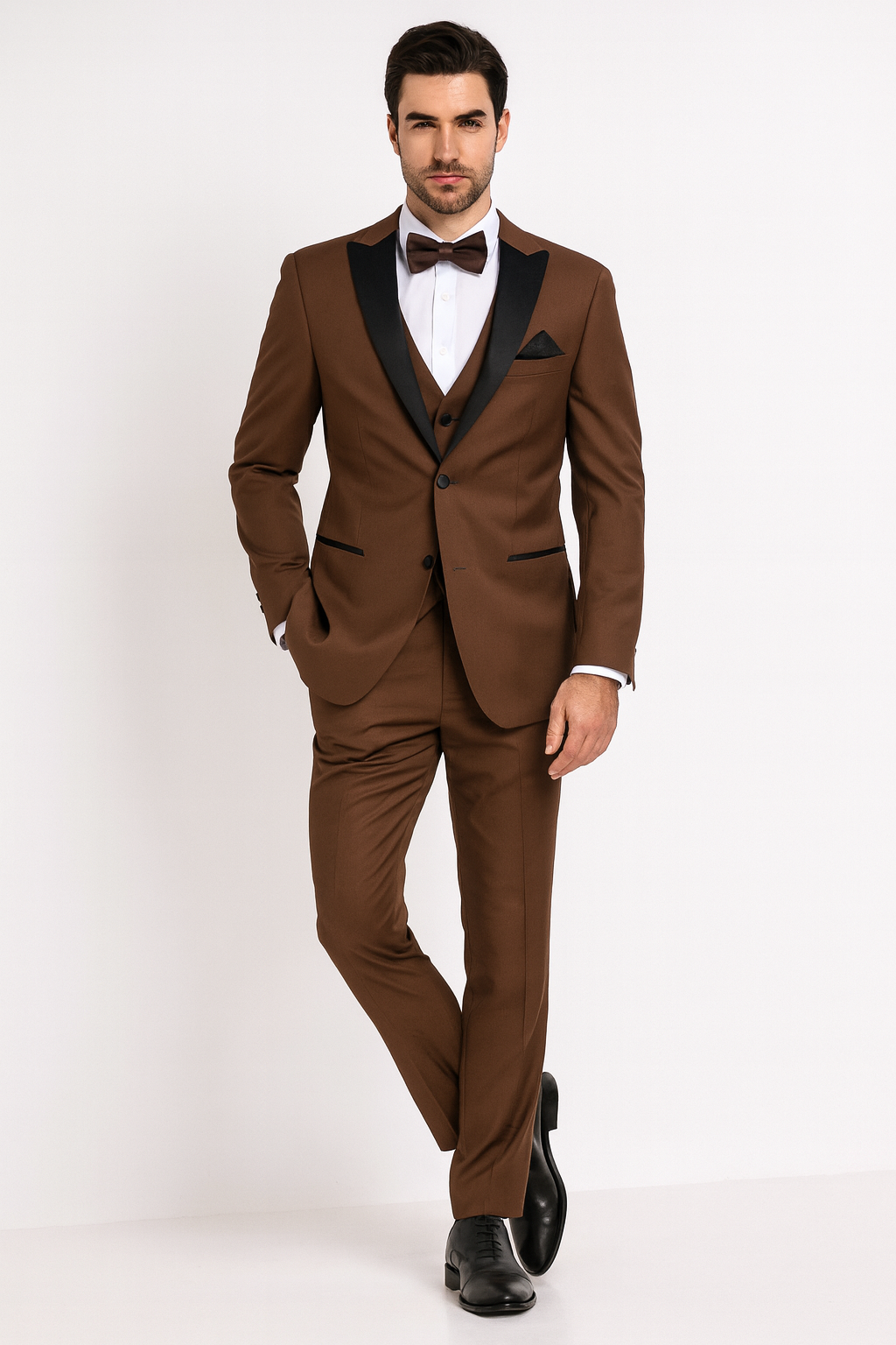 Mens Light Brown Tuxedo Suit with Black Satin Lapel  3 Piece Formal Wedding & Prom Outfit - Country Look
