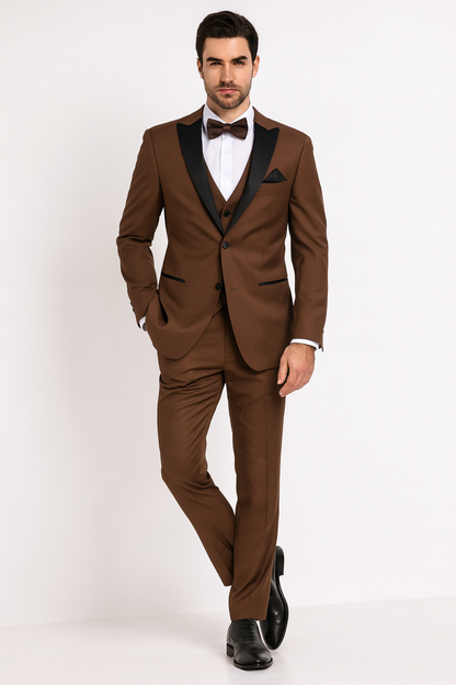 Mens Light Brown Tuxedo Suit with Black Satin Lapel  3 Piece Formal Wedding & Prom Outfit - Country Look