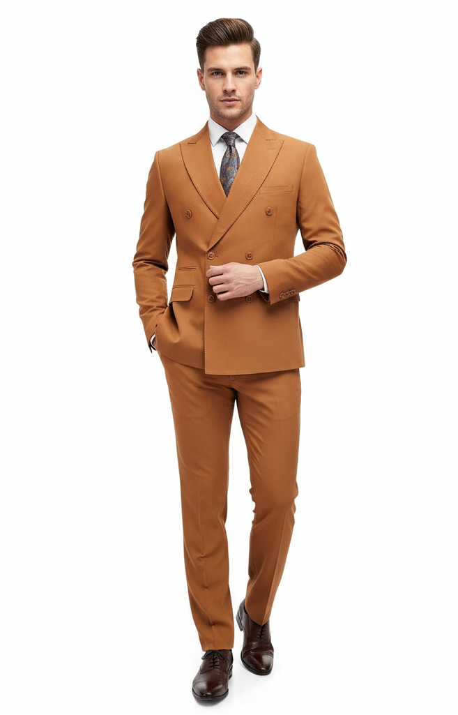 Mens Vitali Brand Rustish Orange Brown Copper Color Double Breasted Slim Fit Suit