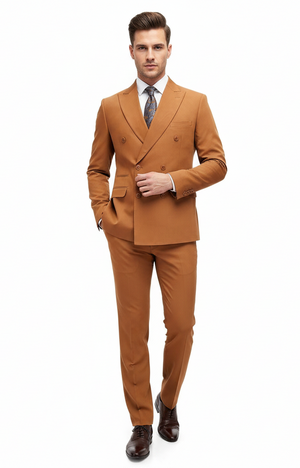 Mens Vitali Brand Rustish Orange Brown Copper Color Double Breasted Slim Fit Suit