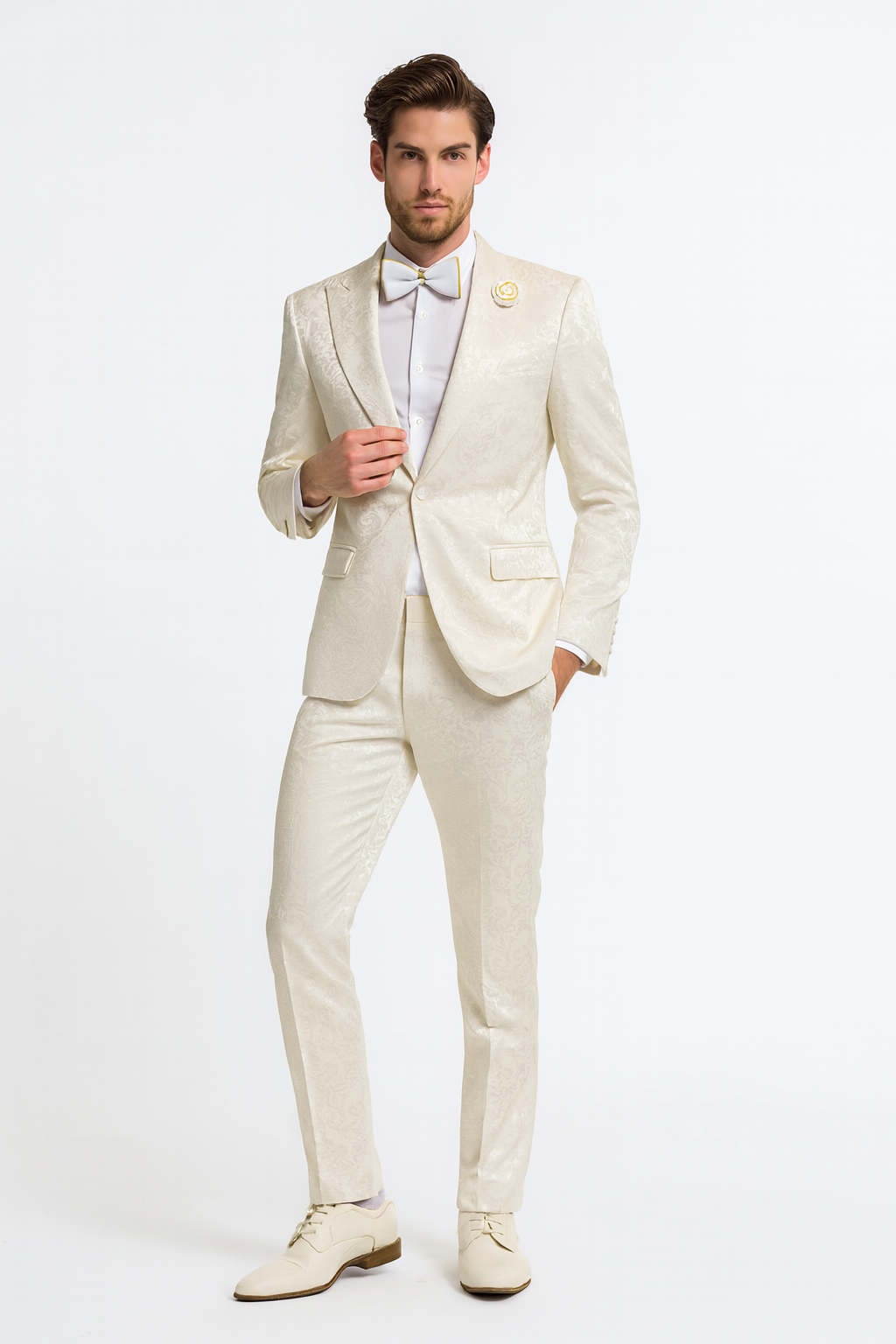 Men’s Champaign Ivory  Jacquard Paisley Tuxedo Suit with Satin Shawl Lapel – Elegant Wedding and Prom Outfit By Rossiman