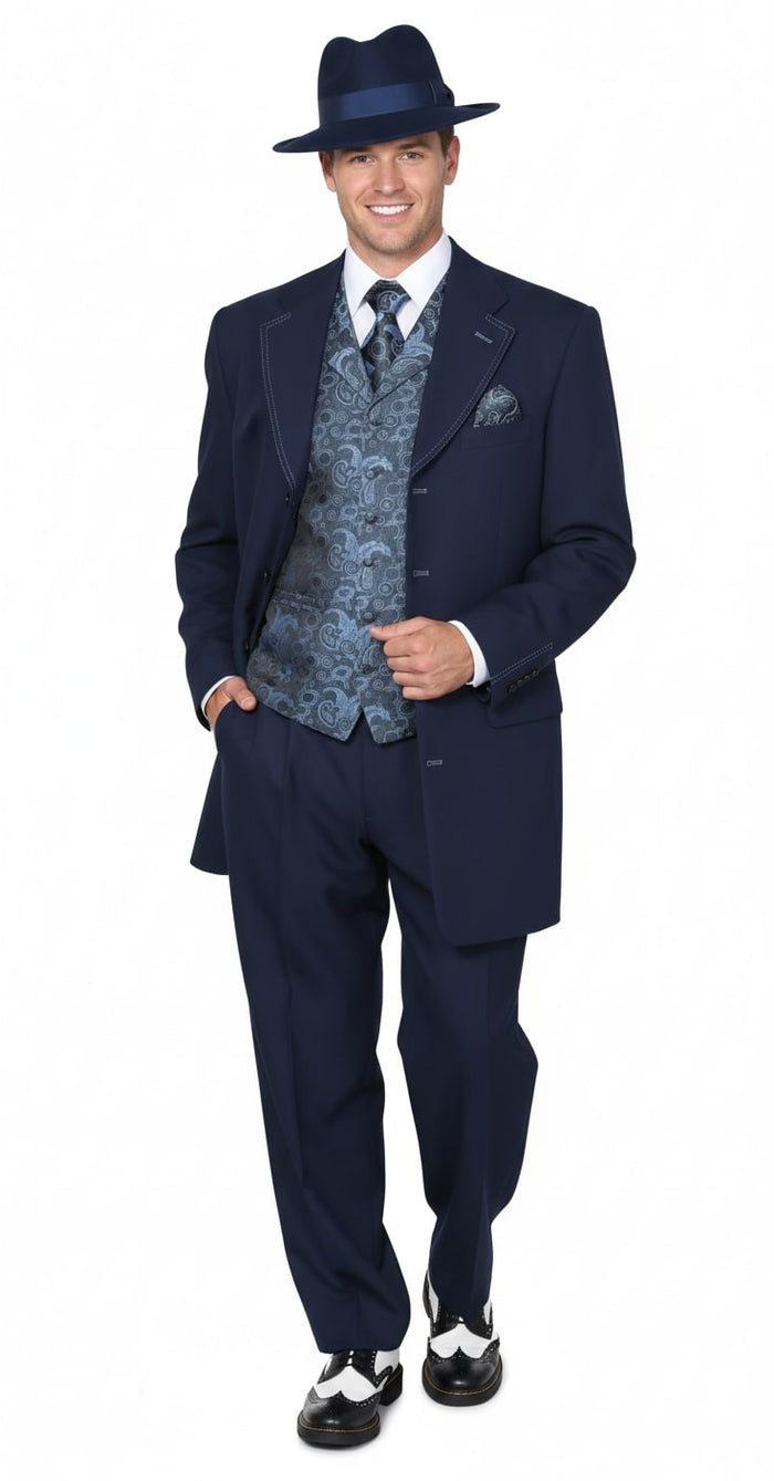 Mens 1920s Navy Blue Zoot Suit  Vintage Gangster 3-Piece Long Jacket Suit Classic Fit Pleated Pants