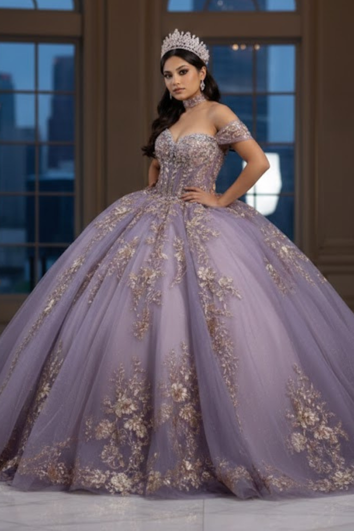 Quinceañera Ball Gown Off Shoulder Glitter Tulle Dress with 3D Floral Appliqués Long Train by Layla K LK292