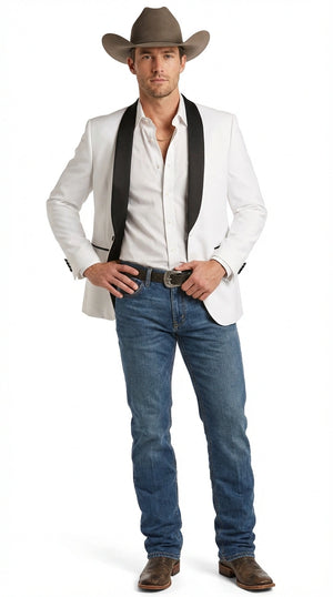 Men’s White Cowboy Blazer with Black Satin Lapel – Western Formal Tuxedo Style Jacket
