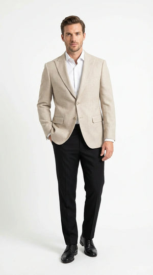 Zacchi Men’s Beige Hopsack Blazer – Classic Two Buttons Sport Coat with Peak Lapel Formal Jacket