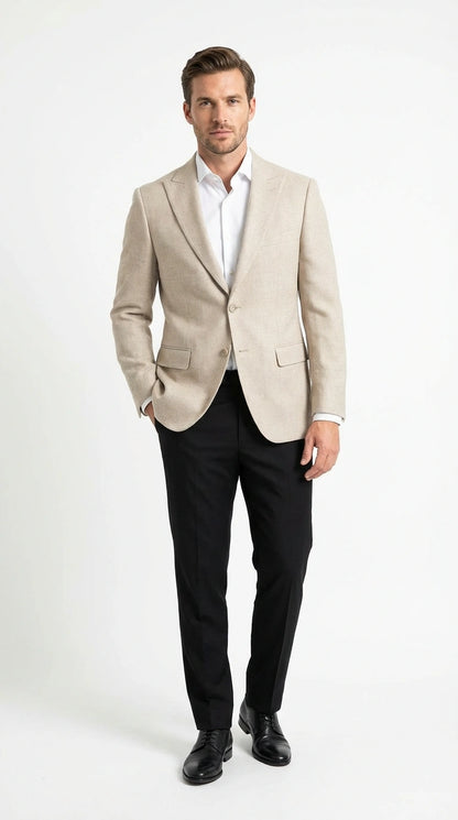 Zacchi Men’s Beige Hopsack Blazer – Classic Two Buttons Sport Coat with Peak Lapel Formal Jacket
