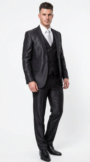Men’s Black Three Piece Suit – Modern Fit 3PC Formal Suit with Vest for Weddings, Prom and Business Events Sharkskin Shiny Fabric