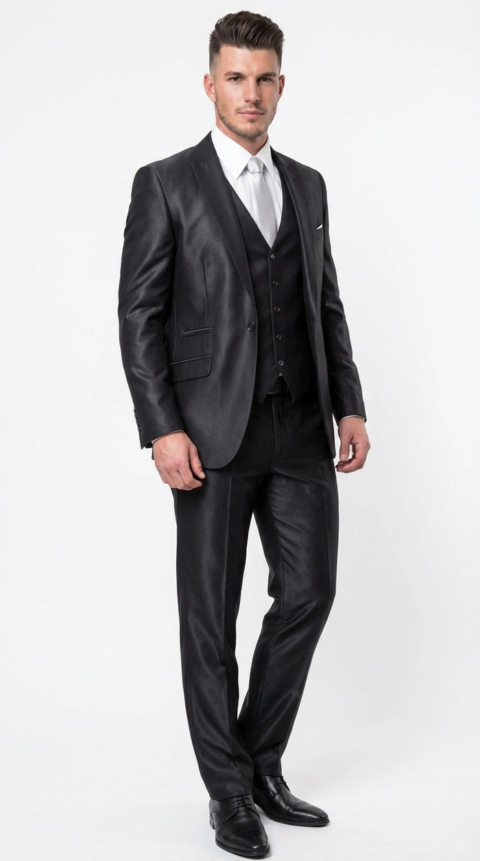 Men’s Black Three Piece Suit – Modern Fit 3PC Formal Suit with Vest for Weddings, Prom and Business Events Sharkskin Shiny Fabric