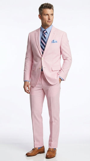 Men’s Pink Seersucker 2 Piece Suit, Lightweight Summer Dress Suit for Weddings, Prom, Parties, and Special Occasions