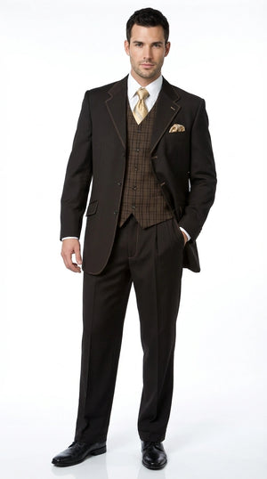 Men’s Dark choclate Brown Three Buttons 3 Piece Suit – Classic Brown 3PC Wedding, Church and Business Formal Suit for Men