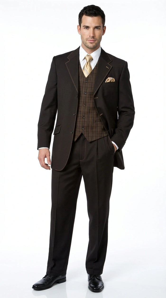 Tuxedo Men’s Dark choclate Brown Three Buttons 3 Piece Suit – Classic Brown 3PC Wedding, Church and Business Formal Suit for Men