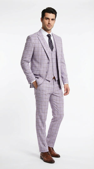 Men’s Lilac Lavender Windowpane Check 3 Piece Suit – Lilac Plaid Formal Suit with Vest for Wedding, Prom and Business Events