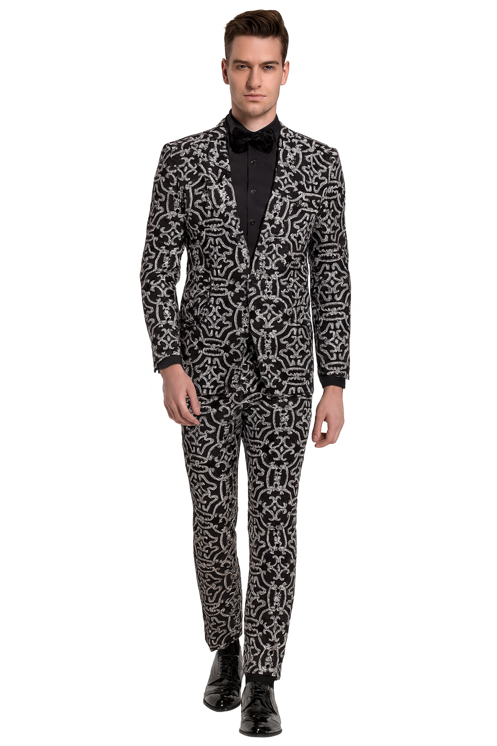 Men’s Black and Silver Sequin Tuxedo – Slim Fit 2-Piece Party and Wedding Suit with Sparkling Design- Black and White Color