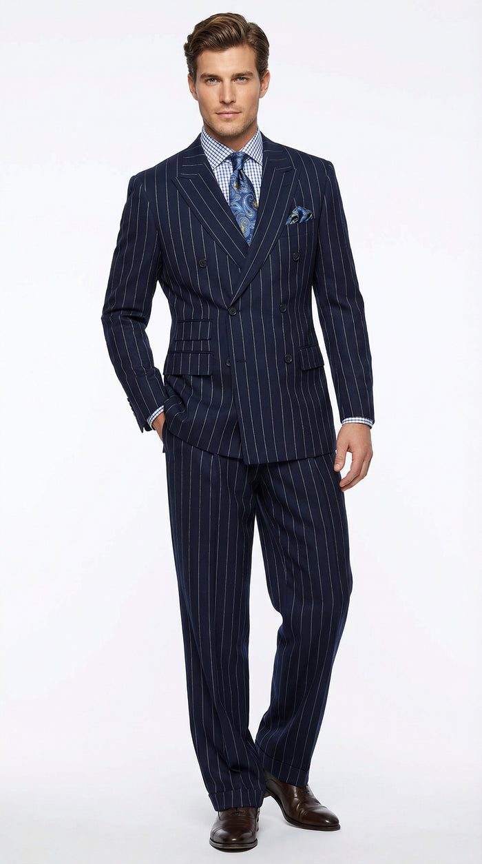 Men's Navy Blue Double Breasted Pinstripe Suit – Modern Fit By