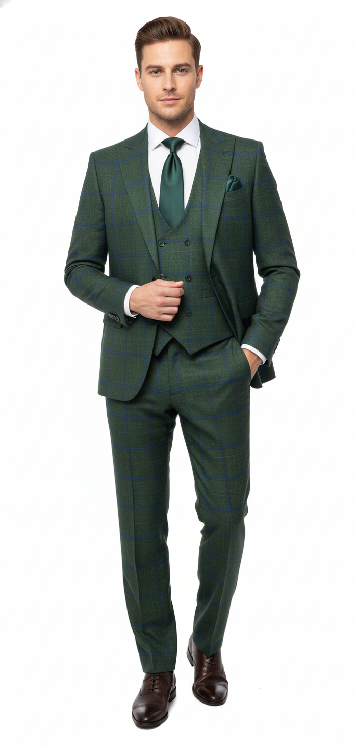 Mens Green Plaid 3-Piece Suit  Classic Check Slim Fit Suit for Weddings, Church, and Formal By Rossiman