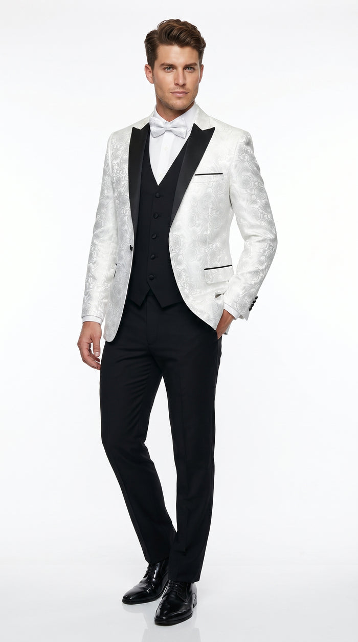Men’s White Shiny Paisley Flower Pattern Tuxedo Jacket with Black Lapel, Formal Wedding Blazer