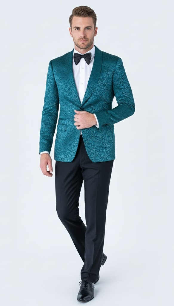 Mens Teal Blue Paisley Tuxedo Jacket  Elegant Shawl Lapel Dinner Blazer for Weddings, Prom and Formal Events - Greenish Blue