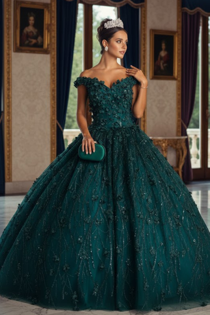 3D Floral Applique Glitter Quince Ball Gown & Plus Size