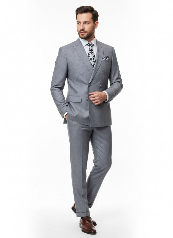 Mens Grey Tone on Tone Double-Breasted Suit  Classic Slim Fit 2 Piece Formal Business Gray Shadow Stripe